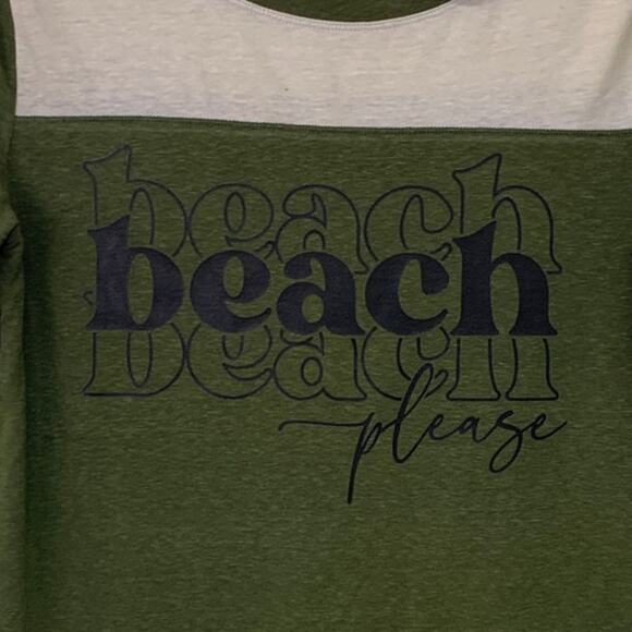 Upcycled Hand Printed Womens Medium Beach Please Crew Neck White Stripe Tee - Picture 2 of 5